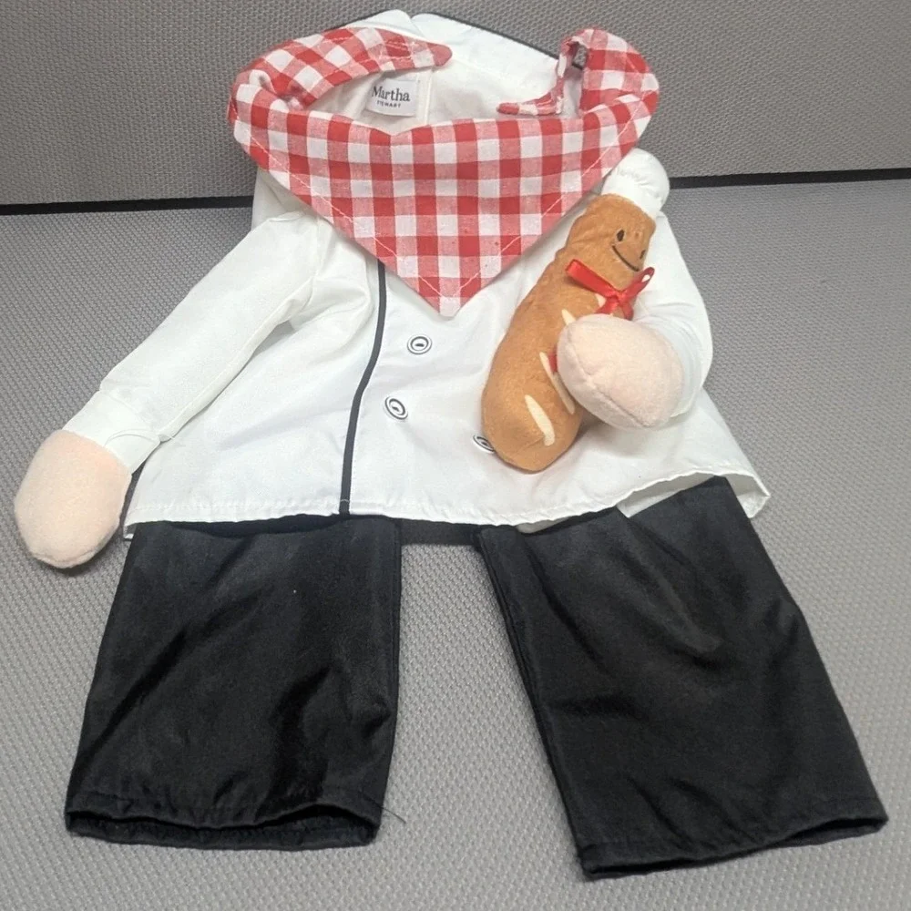 Martha Stewart French Chef Pet Costume White Coat Gingham Scarf Baguette-L